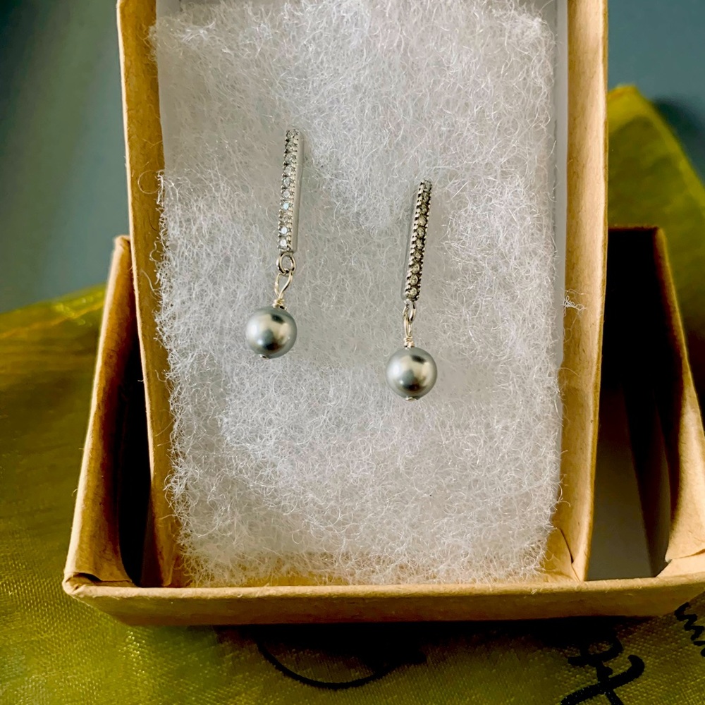Sterling Silver Pave Bar With Grey Swaovski Pearl 1 inch drop earrings